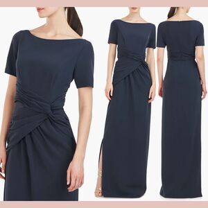 NWT $298 Kay Unger [ 2 ] Garbo‎ Gathered Column Gown in Carbon Blue